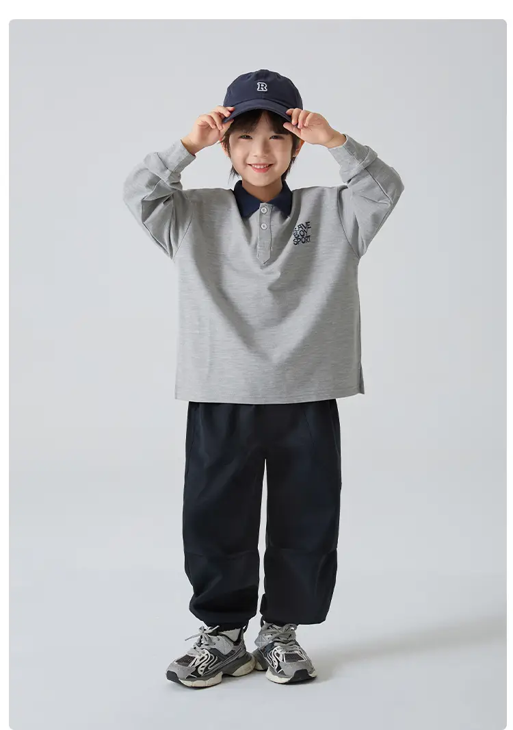 Kids Polo Shirt Grey Long Sleeve Spring Outfit — feature 13
