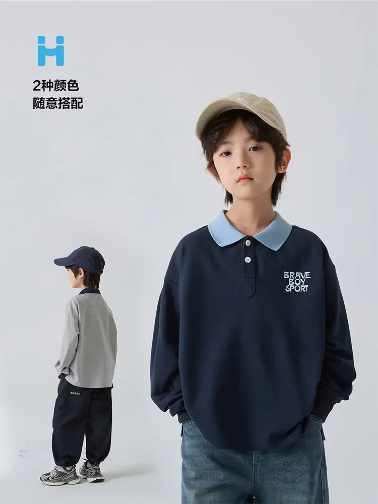 Kids Polo Shirt Grey Long Sleeve Spring Outfit — feature 7