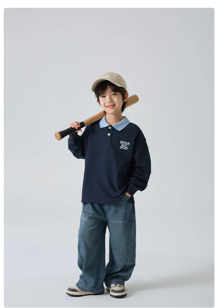 Kids Polo Shirt Grey Long Sleeve Spring Outfit — feature 9