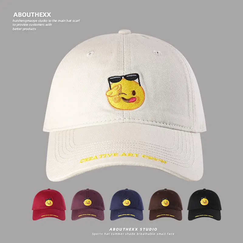 Cute Smiling Face Embroidered Blue Baseball Cap for Women Men