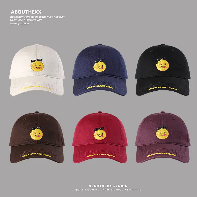 Cute Smiling Face Embroidered Blue Baseball Cap for Women Men
