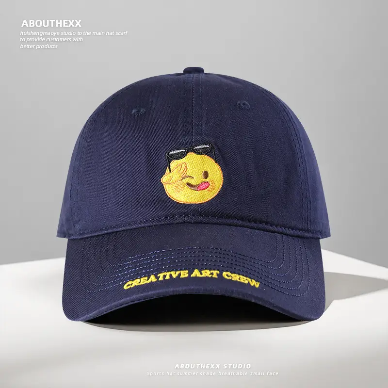 Cute Smiling Face Embroidered Blue Baseball Cap for Women Men