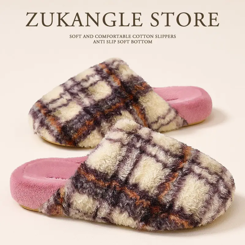 Thickened and Fleece-Lined Autumn and Winter New Fashion Plaid Striped Comfortable Home and Outdoor Wear Couple Style Men's and Women's Cotton Slippers Wholesale - Image 8