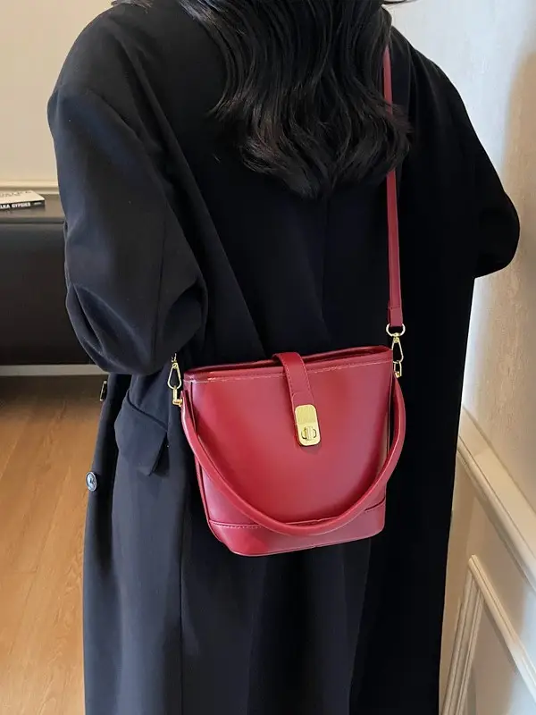 Women's Brown Leather Bucket Bag with Gold Plated Clasp