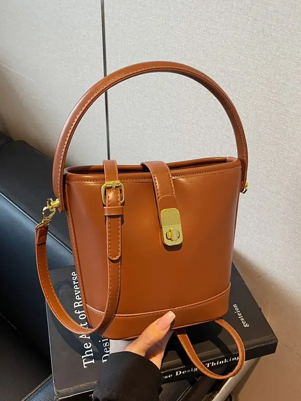Women's Brown Leather Bucket Bag with Gold Plated Clasp