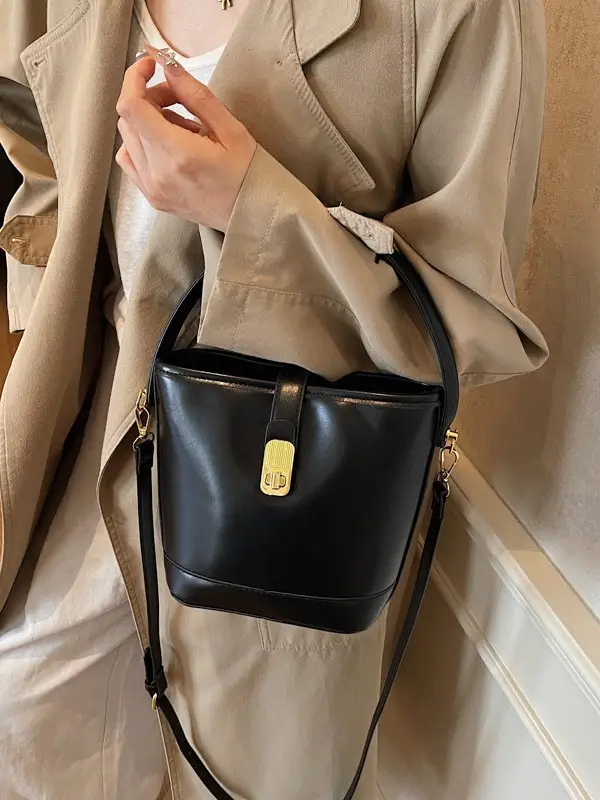 Women's Brown Leather Bucket Bag with Gold Plated Clasp