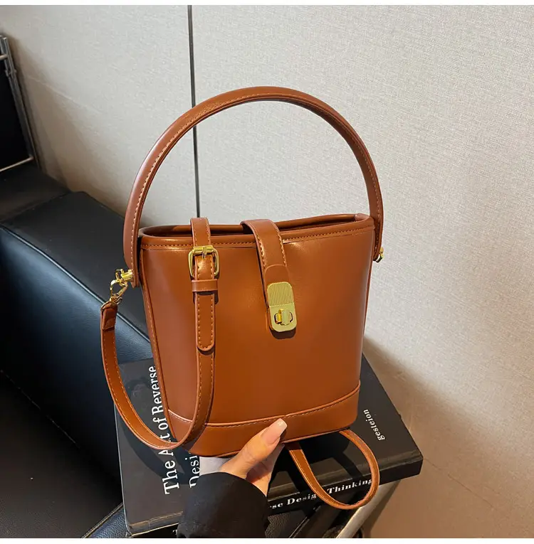 Women's Brown Leather Bucket Bag with Gold Plated Clasp — feature 25