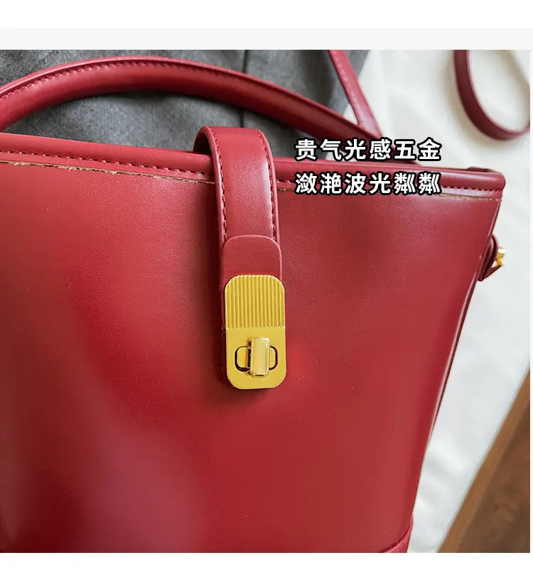 Women's Brown Leather Bucket Bag with Gold Plated Clasp — feature 4