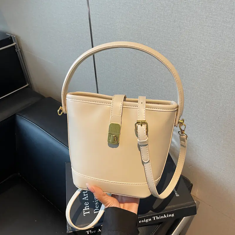 Women's Brown Leather Bucket Bag with Gold Plated Clasp