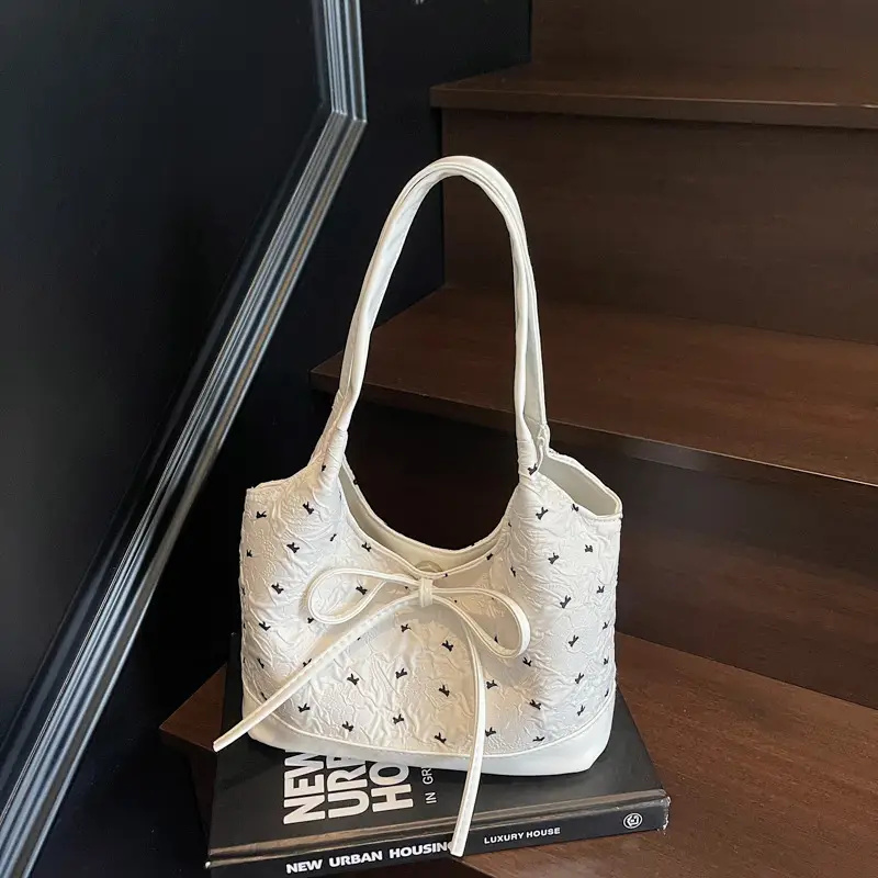 Women's White Bow Satchel Bag with Black Trim - Image 6