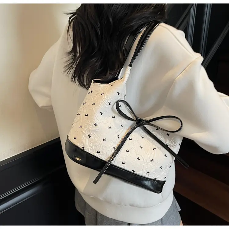 Women's White Bow Satchel Bag with Black Trim — feature 15