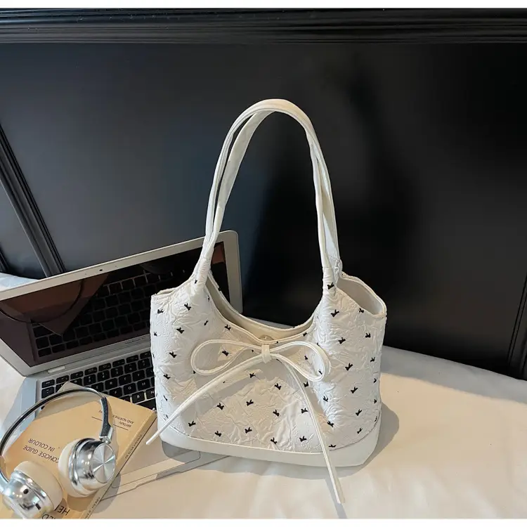 Women's White Bow Satchel Bag with Black Trim - Image 2