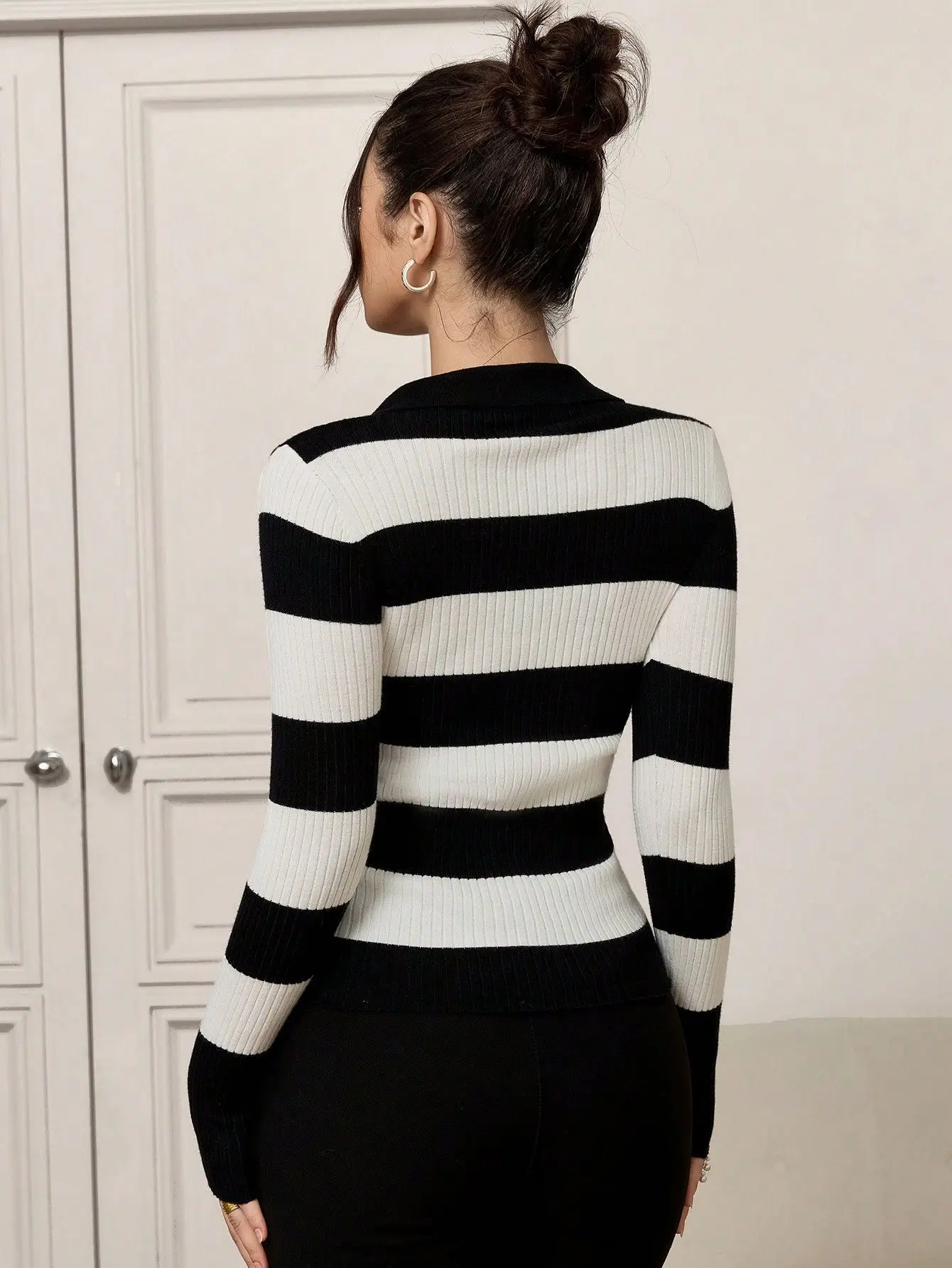 2025 Autumn Long Sleeve Black White Striped Pullover Sweater - Image 2