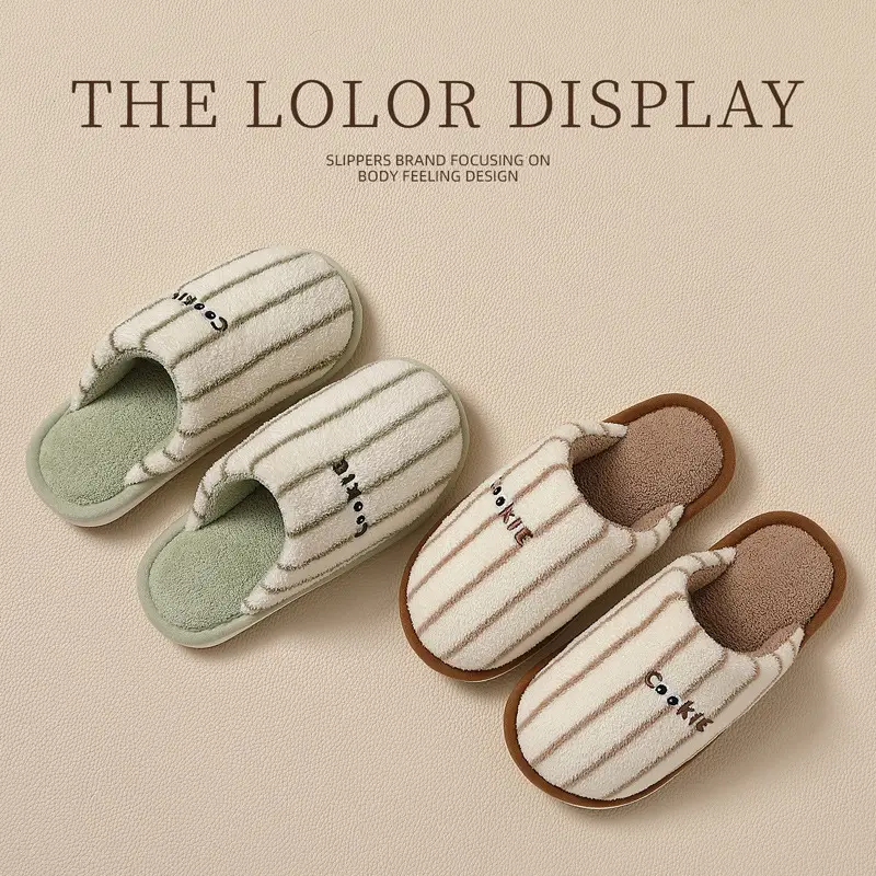 Home Cotton Slippers for Women Winter Striped Plush Warm Men's Winter Indoor Household Furry Slippers Men's Winter Wholesale - Image 5