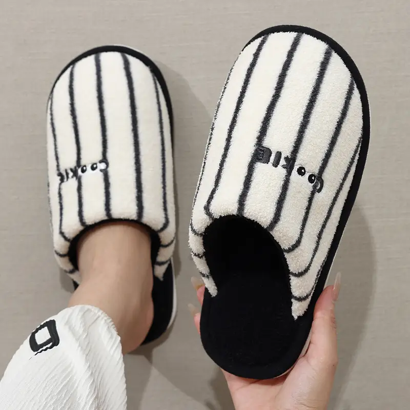 Home Cotton Slippers for Women Winter Striped Plush Warm Men's Winter Indoor Household Furry Slippers Men's Winter Wholesale - Image 7
