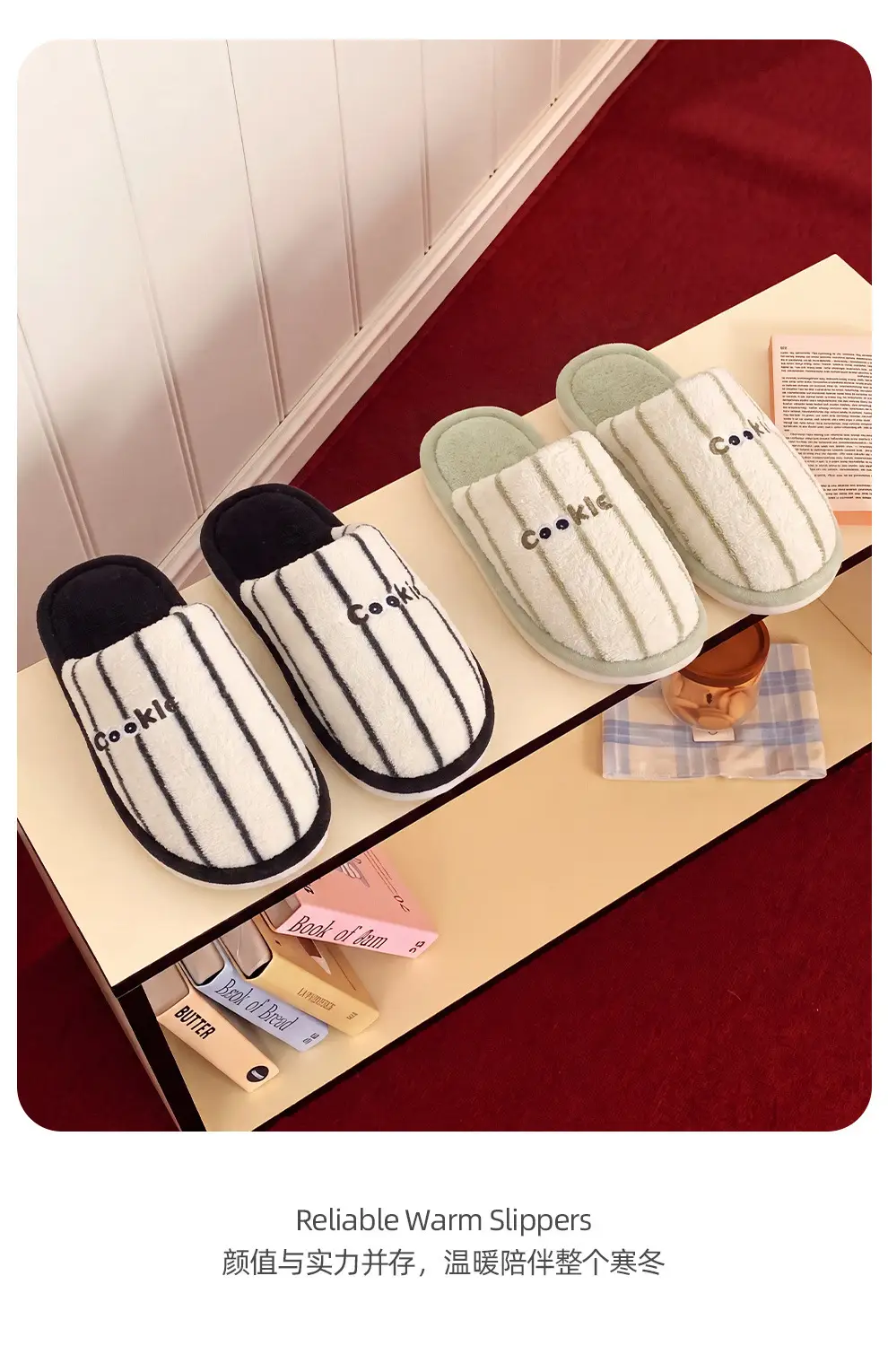 Home Cotton Slippers for Women Winter Striped Plush Warm Men's Winter Indoor Household Furry Slippers Men's Winter Wholesale — feature 14