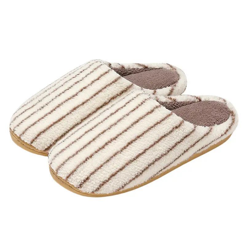 Striped Cotton Slippers for Women Winter Plush Warm Non-Slip Bedroom Men's Indoor Home Furry Slippers Men's Winter Wholesale