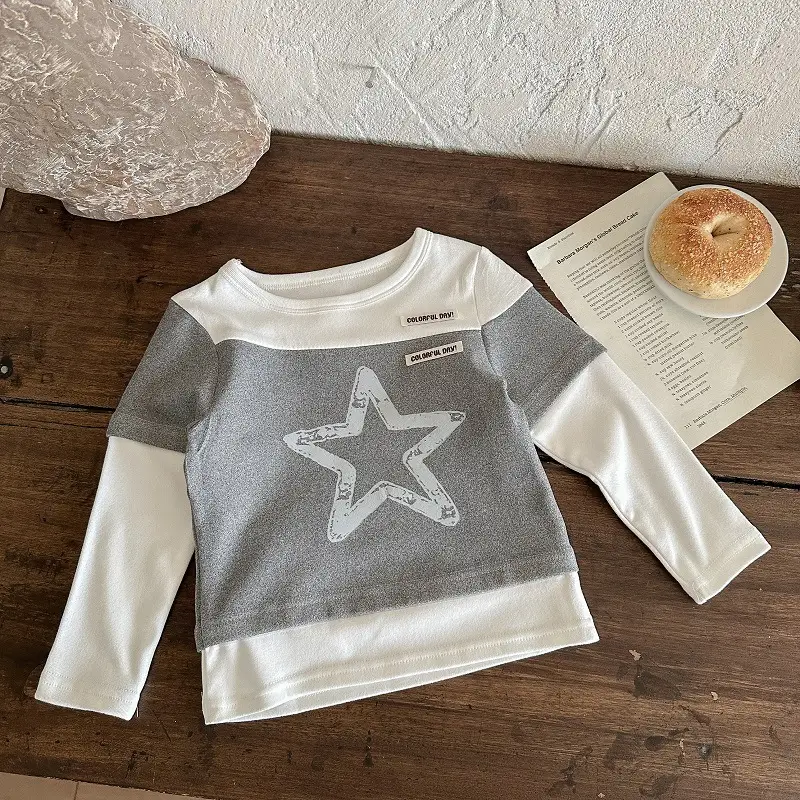 Long Sleeve Baby T-Shirt Black Gray Star Print - Image 2