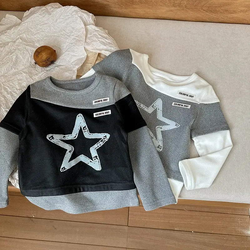 Long Sleeve Baby T-Shirt Black Gray Star Print — feature 1