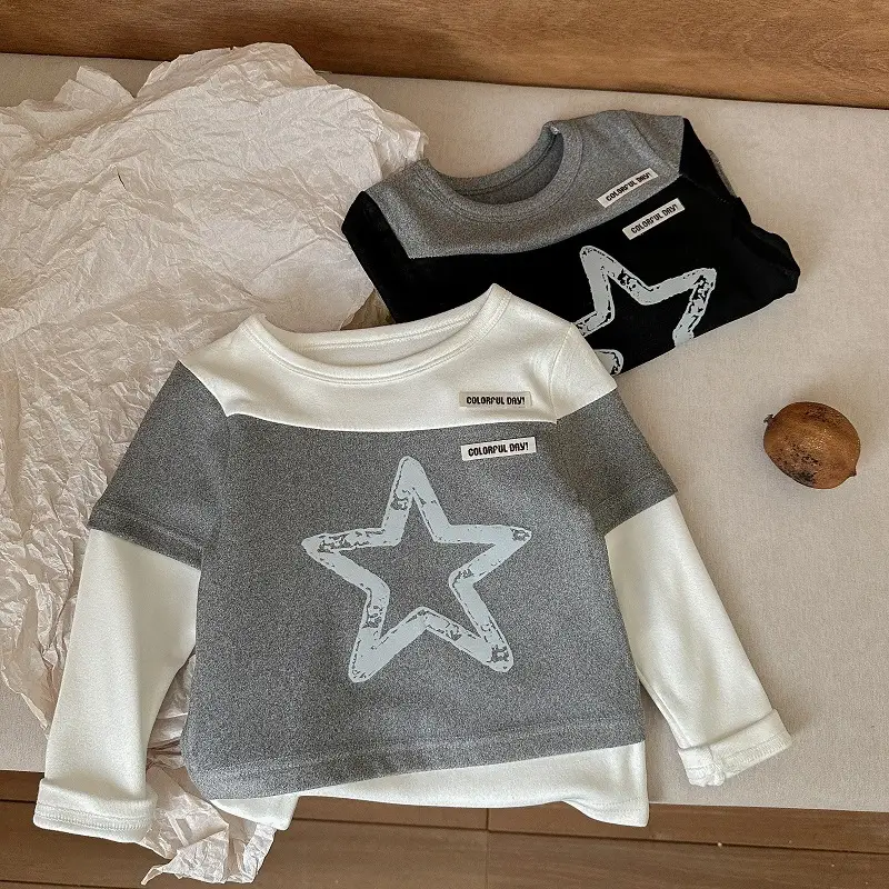 Long Sleeve Baby T-Shirt Black Gray Star Print — feature 11