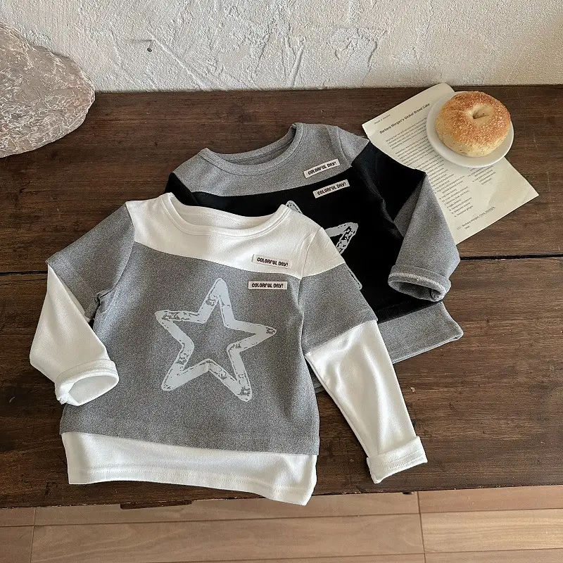 Long Sleeve Baby T-Shirt Black Gray Star Print — feature 2