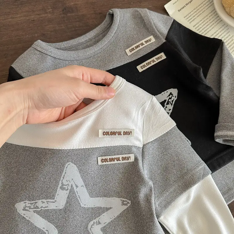 Long Sleeve Baby T-Shirt Black Gray Star Print — feature 3