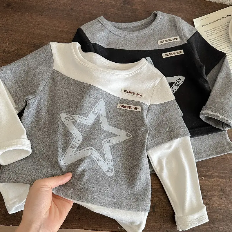 Long Sleeve Baby T-Shirt Black Gray Star Print — feature 4