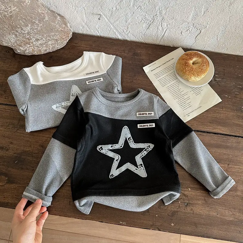 Long Sleeve Baby T-Shirt Black Gray Star Print — feature 6