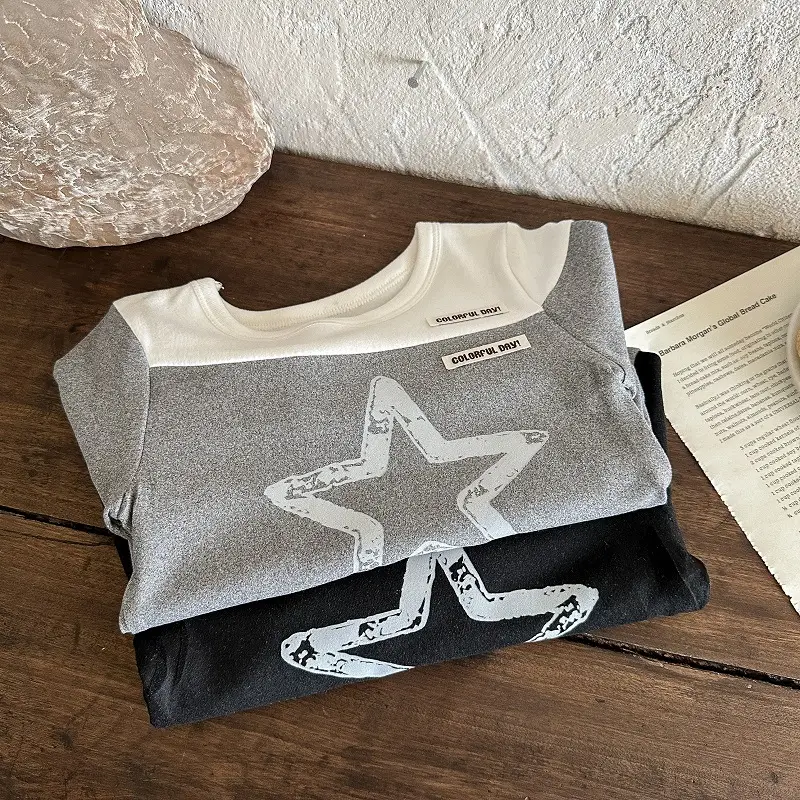 Long Sleeve Baby T-Shirt Black Gray Star Print — feature 7