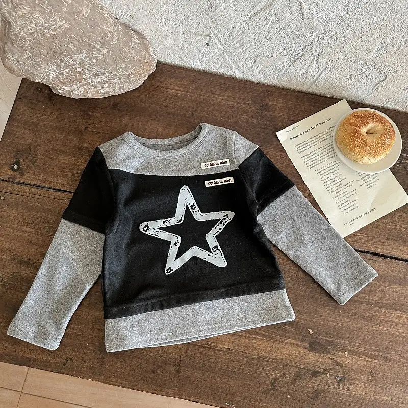 Long Sleeve Baby T-Shirt Black Gray Star Print — feature 9