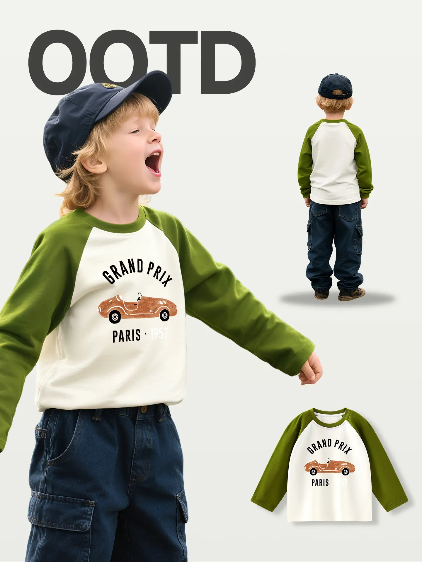 Jingqi Kids' Long Sleeve T-Shirt Green Paris Print - Image 5