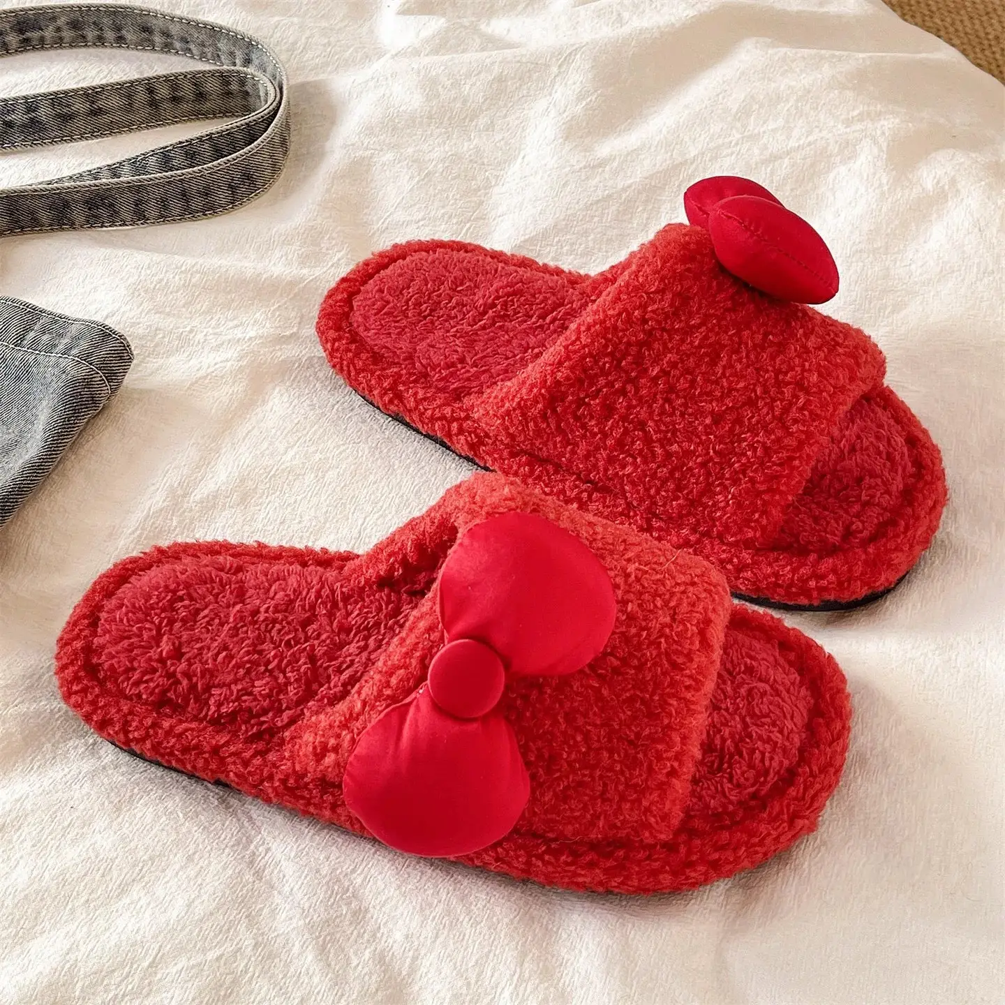 Red Furry Bow Slippers for Women Winter Warm - Image 3