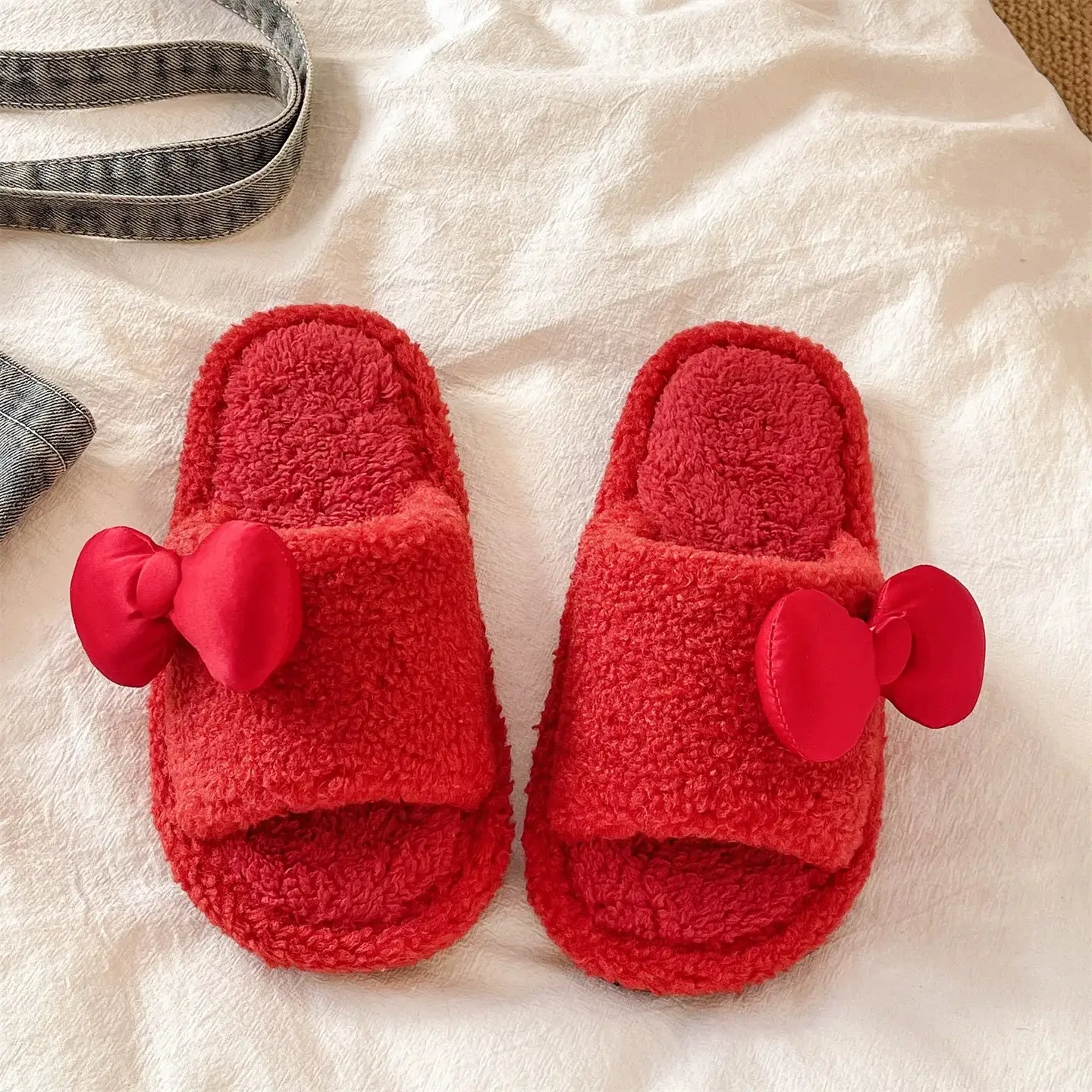 Red Furry Bow Slippers for Women Winter Warm - Image 4