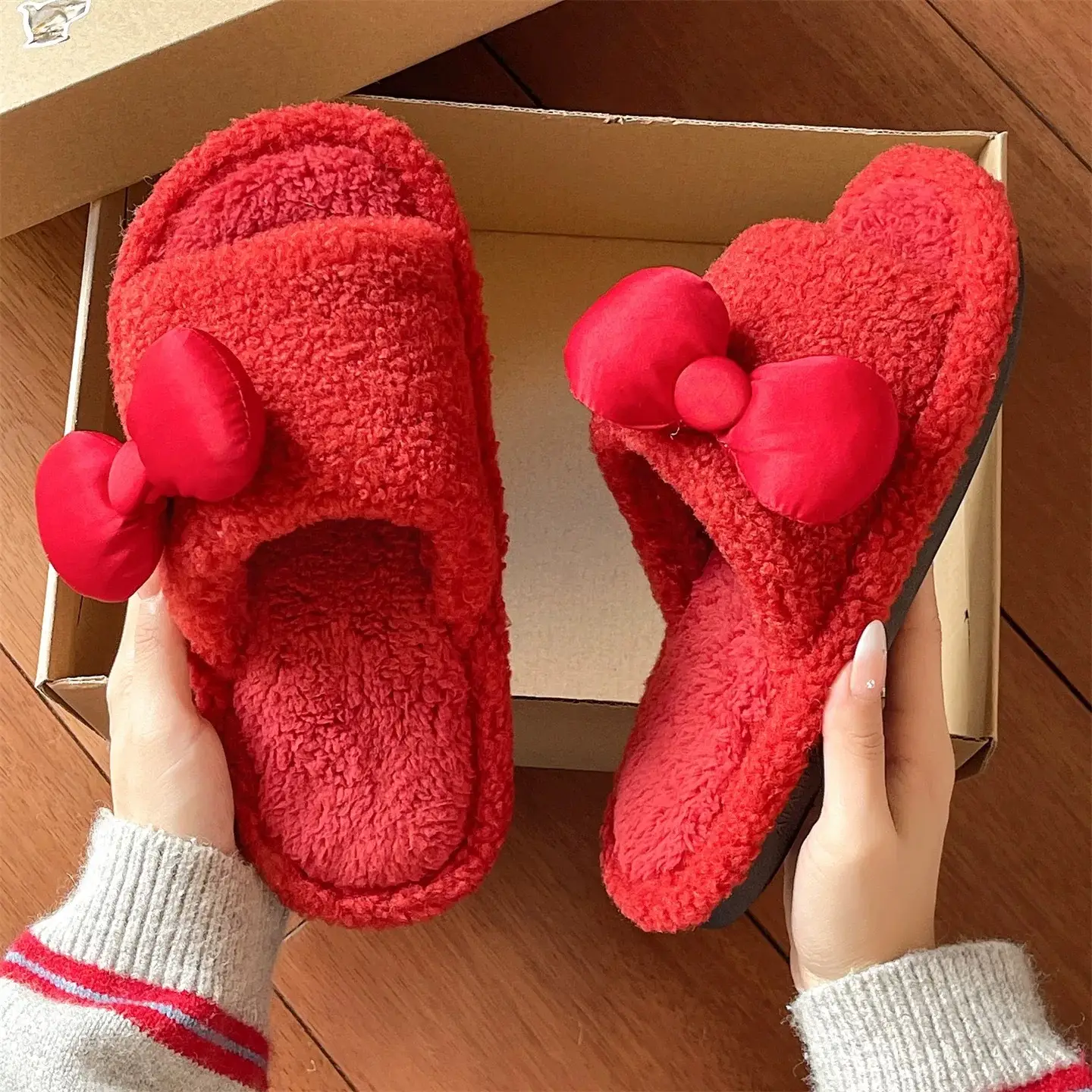 Red Furry Bow Slippers for Women Winter Warm - Image 5
