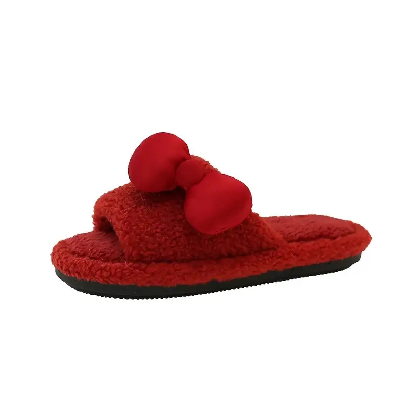 Red Furry Bow Slippers for Women Winter Warm - Image 6