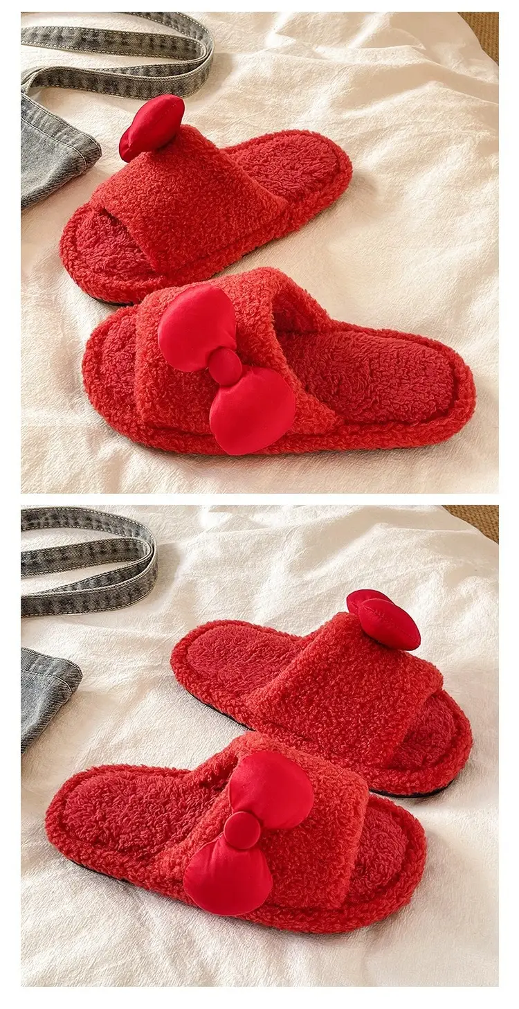 Red Furry Bow Slippers for Women Winter Warm — feature 2