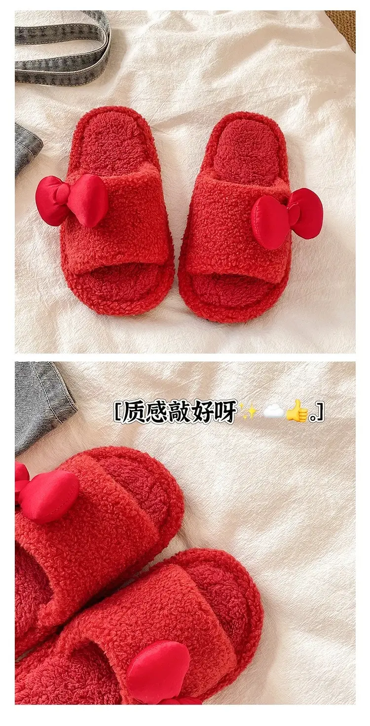 Red Furry Bow Slippers for Women Winter Warm — feature 3