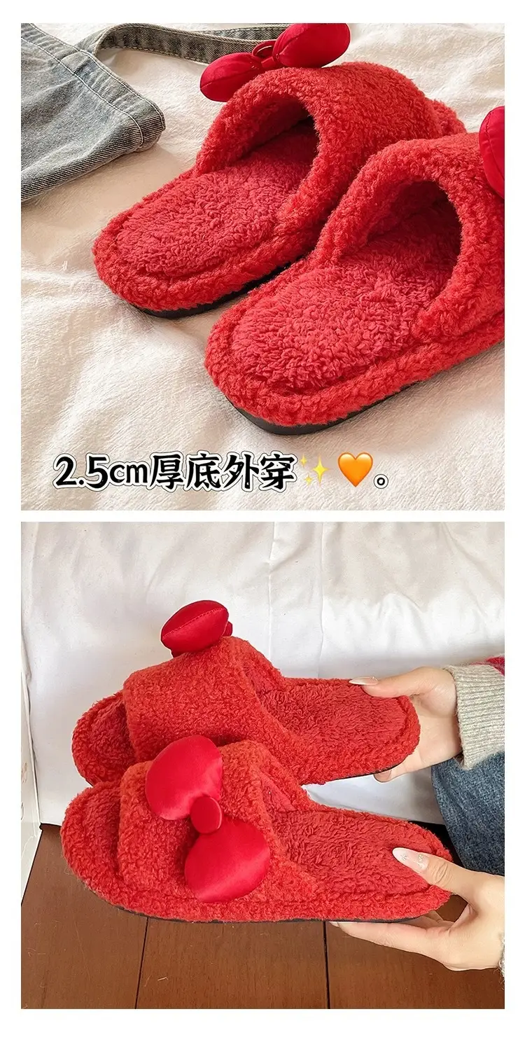 Red Furry Bow Slippers for Women Winter Warm — feature 4