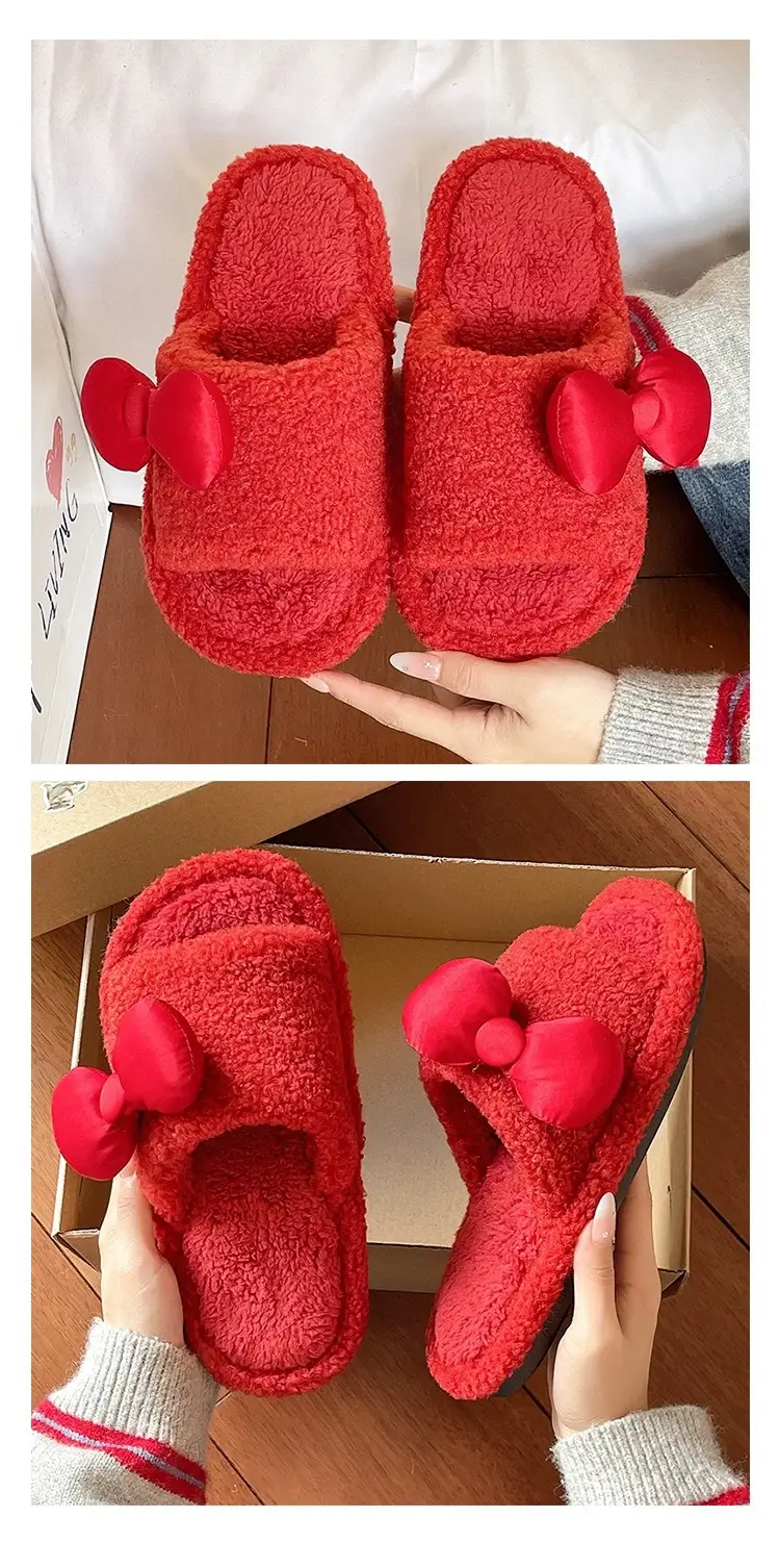 Red Furry Bow Slippers for Women Winter Warm — feature 5