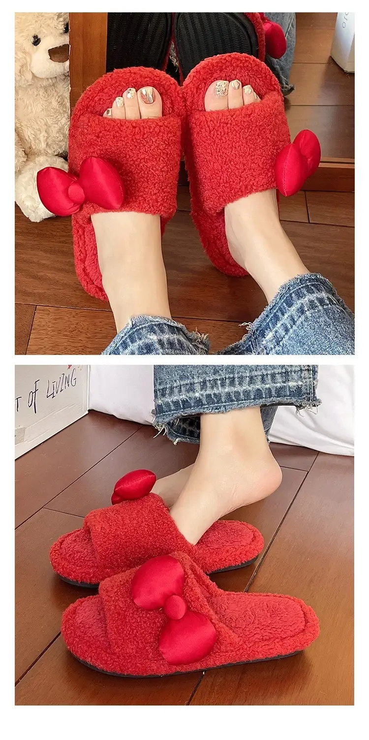 Red Furry Bow Slippers for Women Winter Warm — feature 6