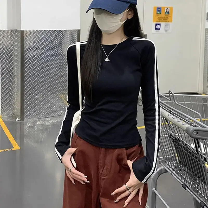 American Style Spicy Girl Raglan Sleeve Base Shirt for Women 2026 Spring, Autumn, and Winter Striped Slim Fit Long-Sleeve T-Shirt for Women