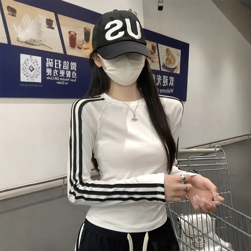 American Style Spicy Girl Raglan Sleeve Base Shirt for Women 2026 Spring, Autumn, and Winter Striped Slim Fit Long-Sleeve T-Shirt for Women