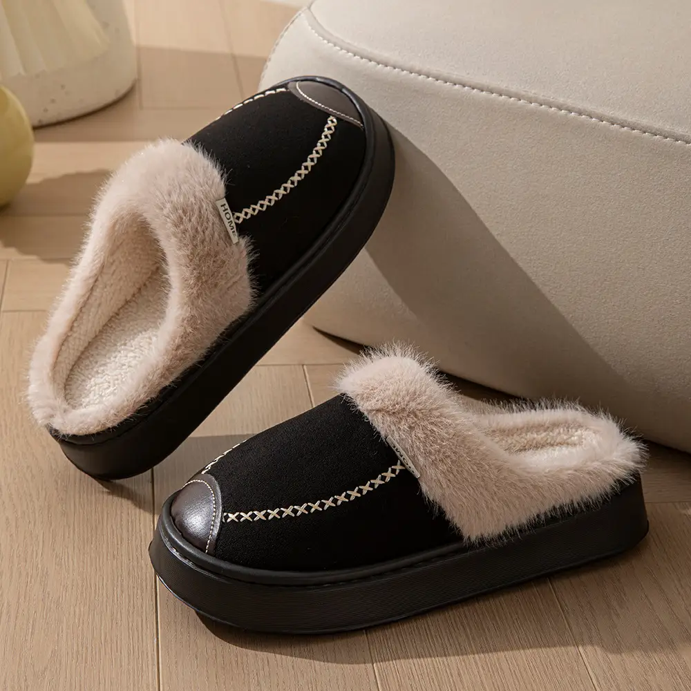 2025 New Style Fur-Lined Leather Cotton Slippers for Home Thickeneded Non-Slip Couple Style Cotton Slippers Winter Plush Cotton Slippers - Image 6