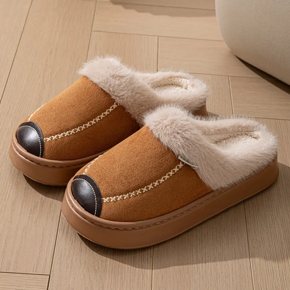 2025 New Style Fur-Lined Leather Cotton Slippers for Home Thickeneded Non-Slip Couple Style Cotton Slippers Winter Plush Cotton Slippers - Image 2