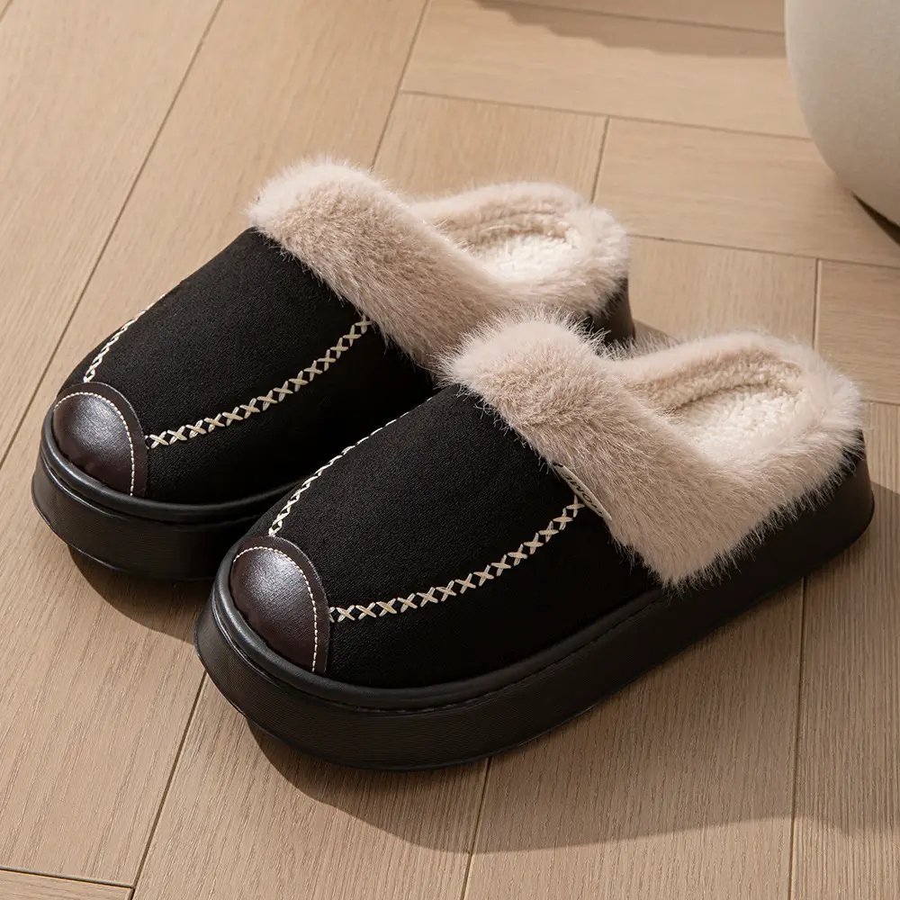 2025 New Style Fur-Lined Leather Cotton Slippers for Home Thickeneded Non-Slip Couple Style Cotton Slippers Winter Plush Cotton Slippers - Image 3