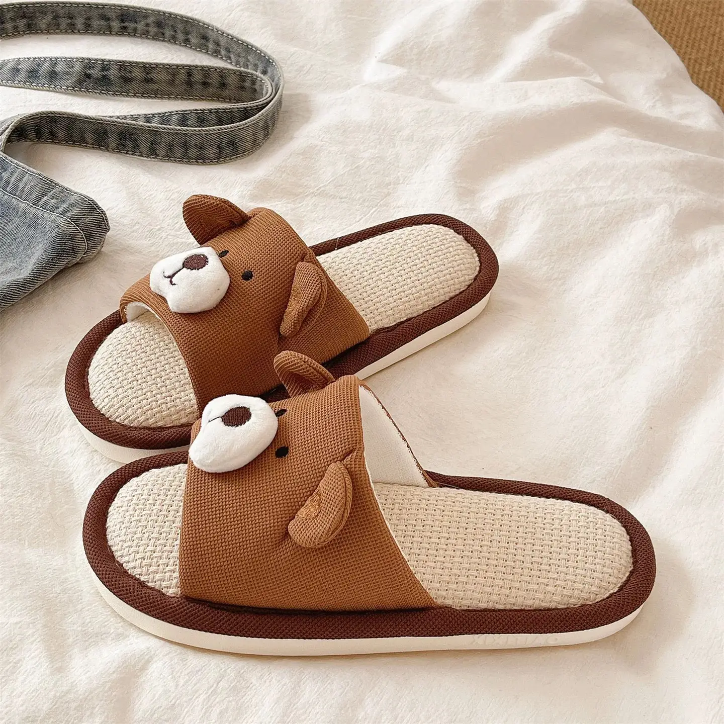 Cute Bear Cotton Linen Slippers Women 2026