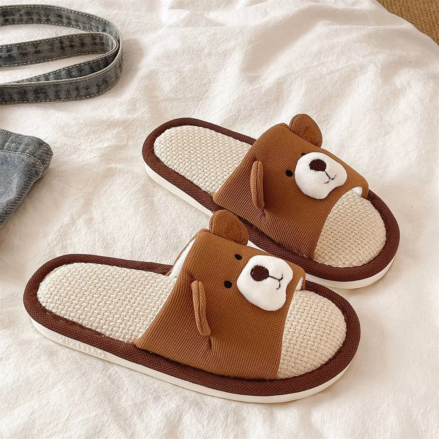 Cute Bear Cotton Linen Slippers Women 2026