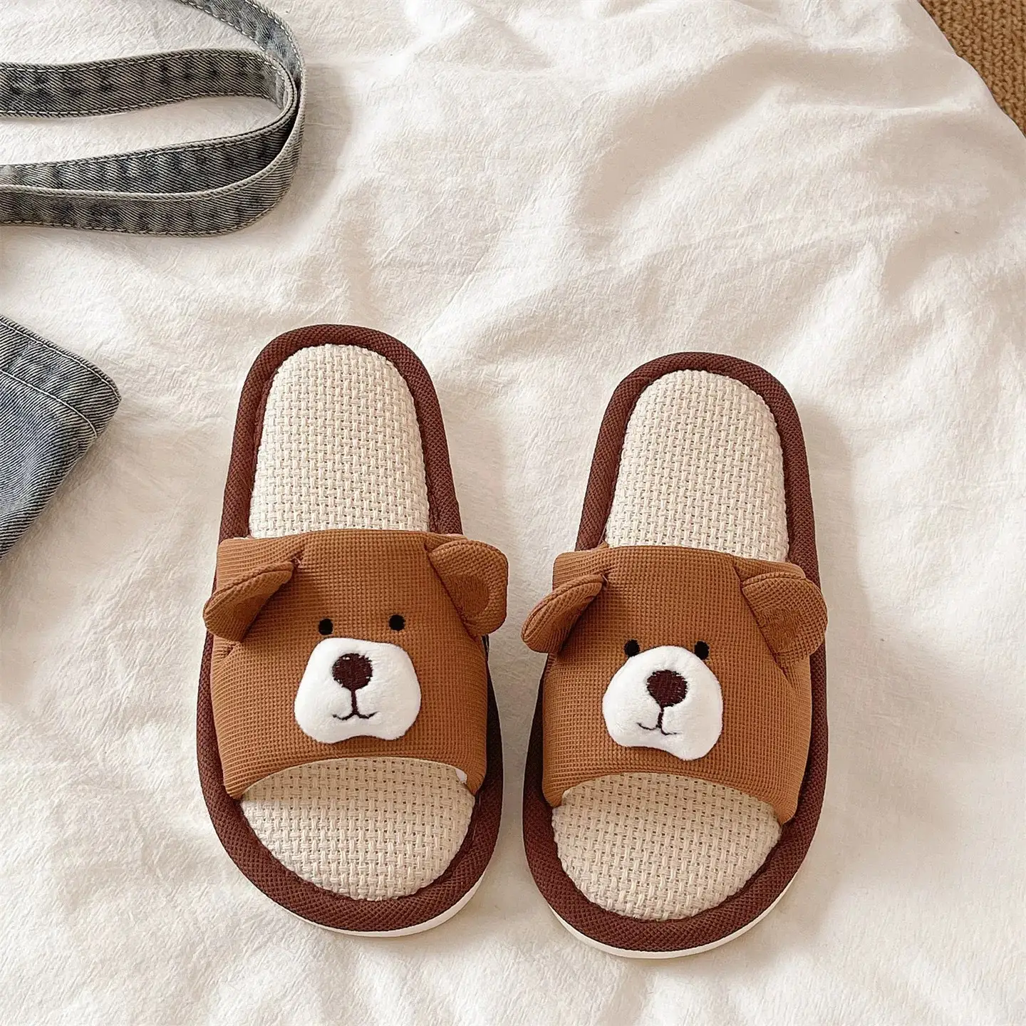 Cute Bear Cotton Linen Slippers Women 2026