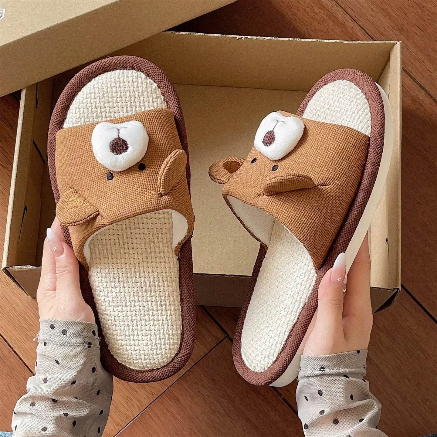 Cute Bear Cotton Linen Slippers Women 2026