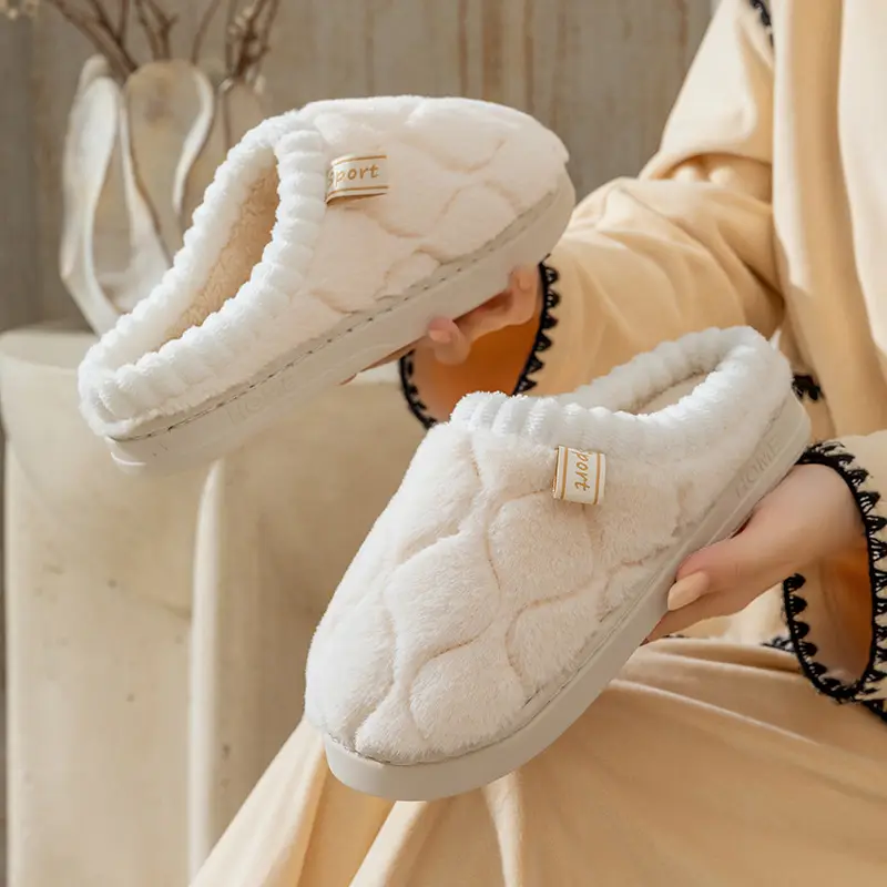 Women's White Quilted Cotton Slippers Winter Warm Indoor - Image 5